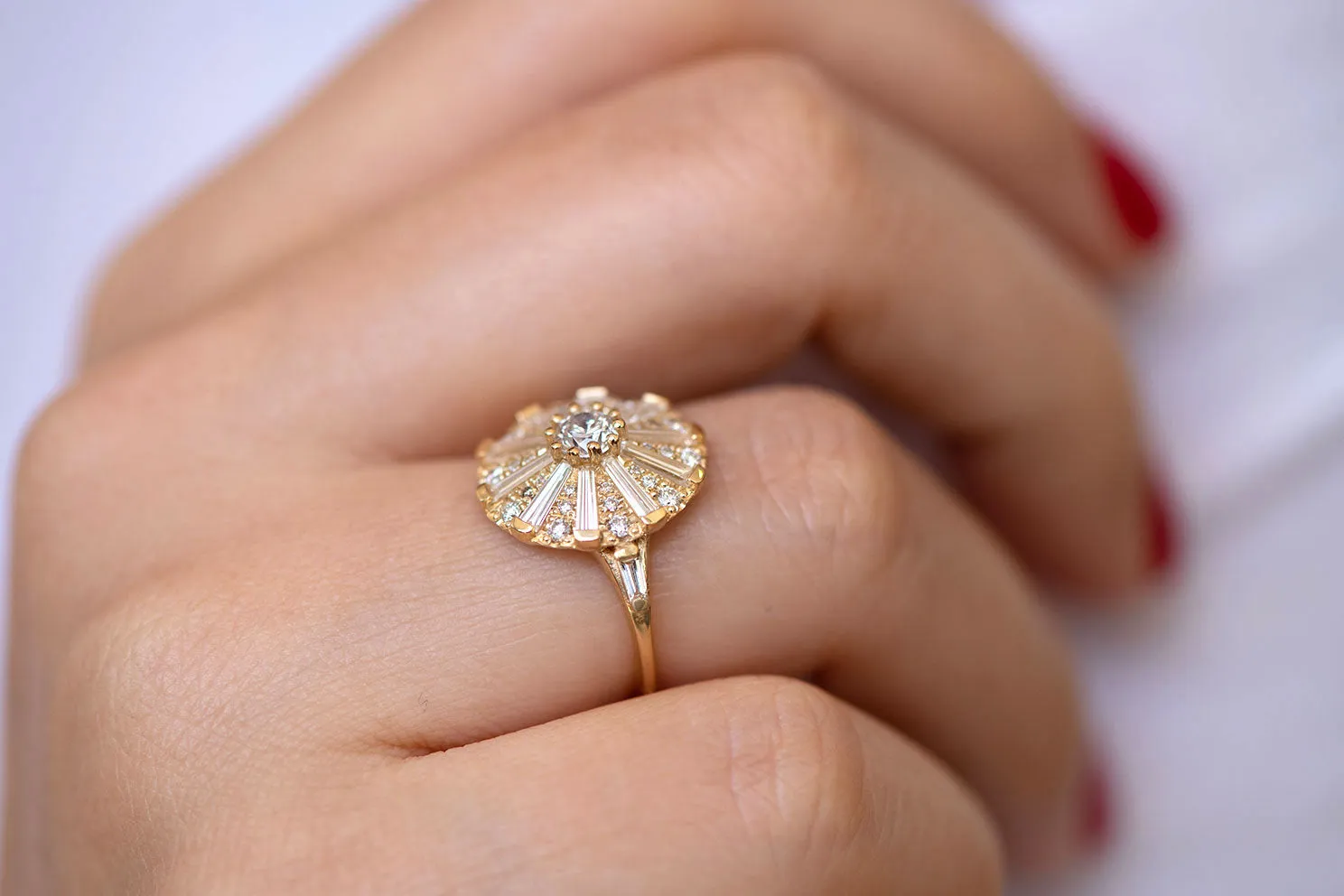 Round Engagement Ring with Long Tapered Baguette Diamonds // the Sun Temple Ring