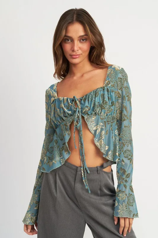 ROYAL SHIRRRING TIE TOP WITH LONG SLEEVE