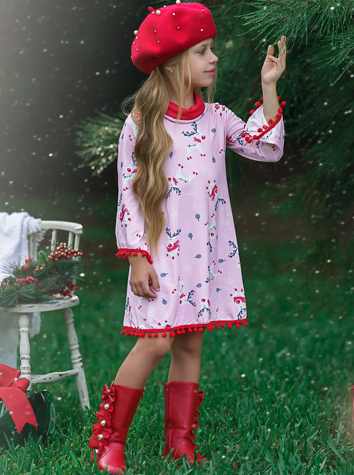 Rudolph Ready Turtleneck Pom Pom Hem Dress