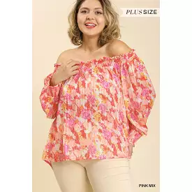 Sheer Floral Print Metallic Threading Long Sleeve Off Shoulder Top With High Low Hem