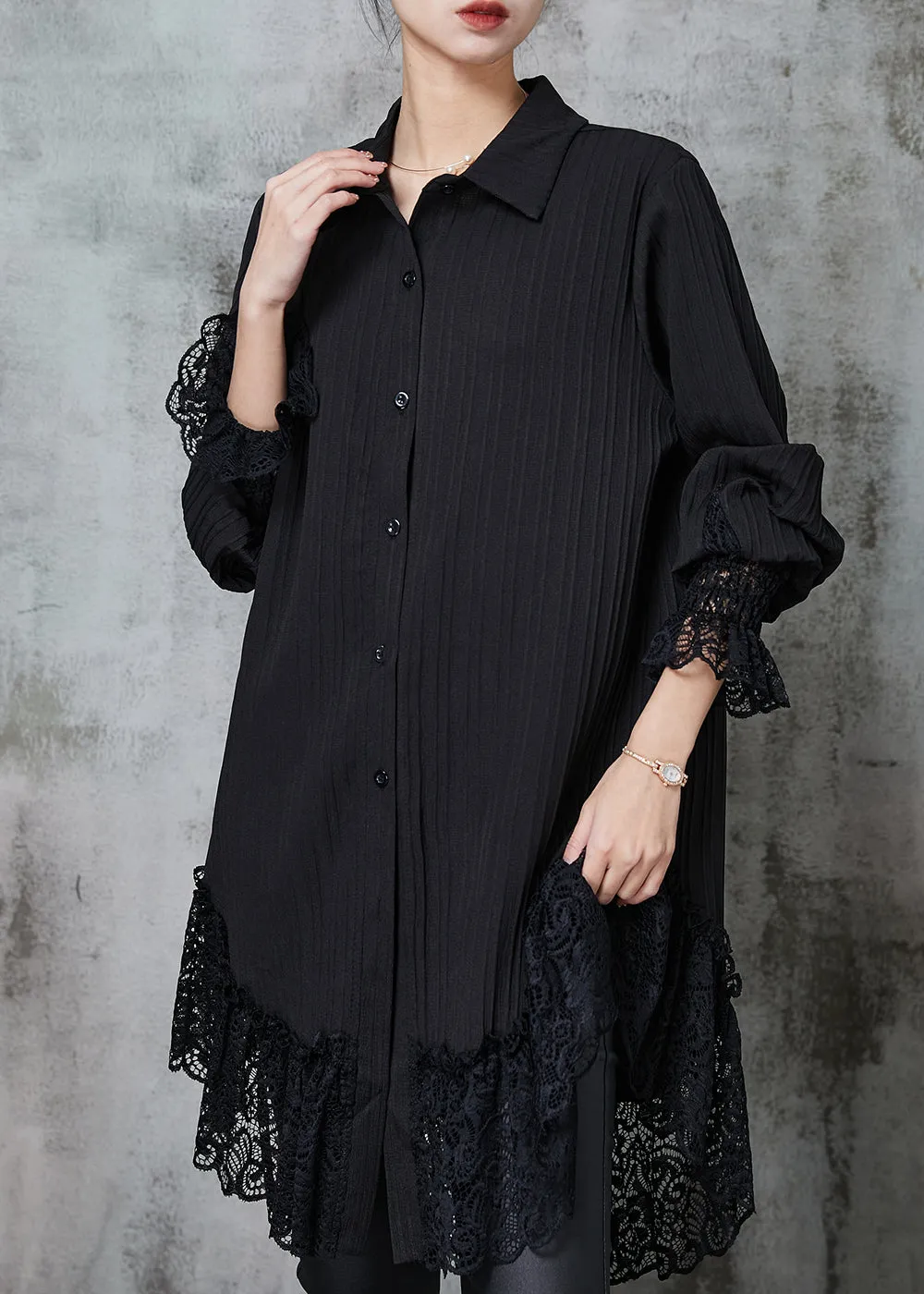 Simple Black Oversized Patchwork Lace Chiffon Dresses Spring