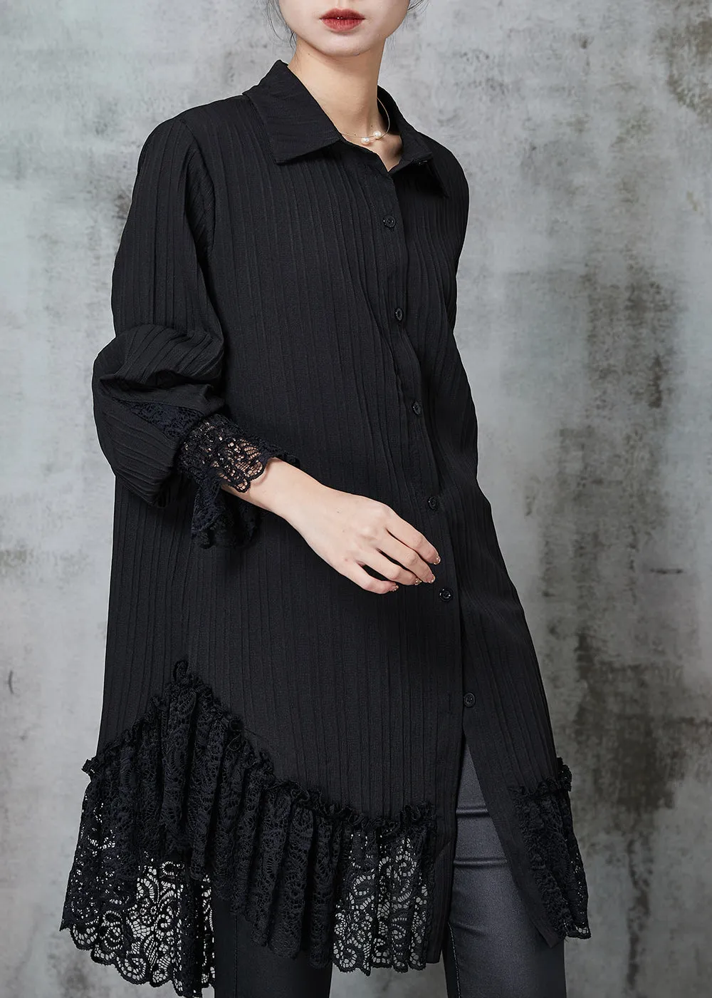 Simple Black Oversized Patchwork Lace Chiffon Dresses Spring