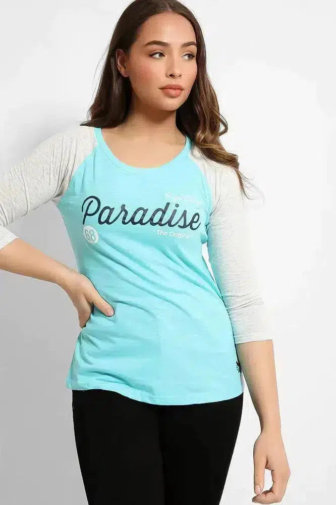 Sky Blue Contrast Sleeve Paradise T-Shirt