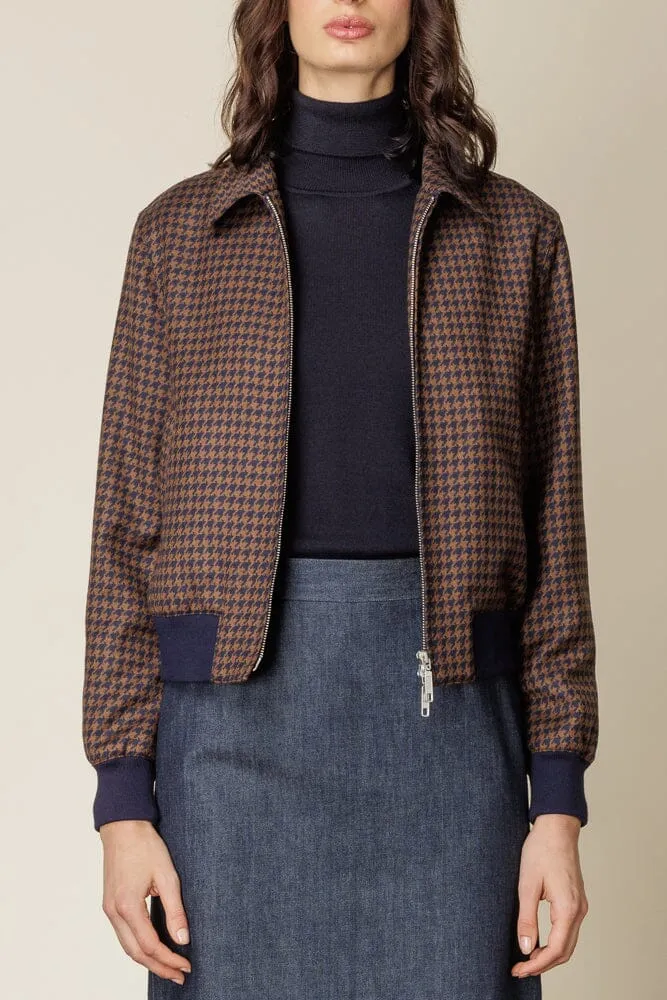 Sky Womens Bomber Jacket -  Brown and Navy Houndstooth Wool