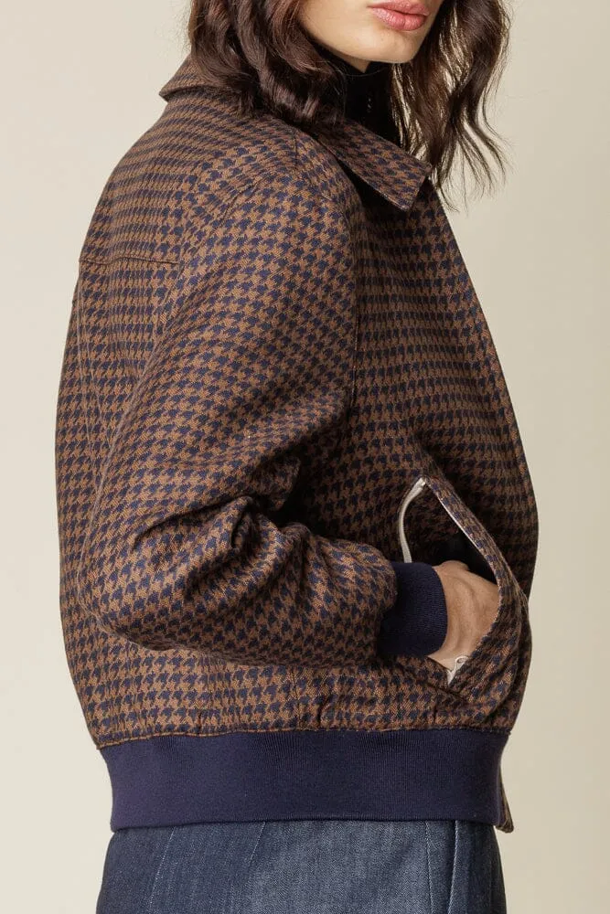 Sky Womens Bomber Jacket -  Brown and Navy Houndstooth Wool