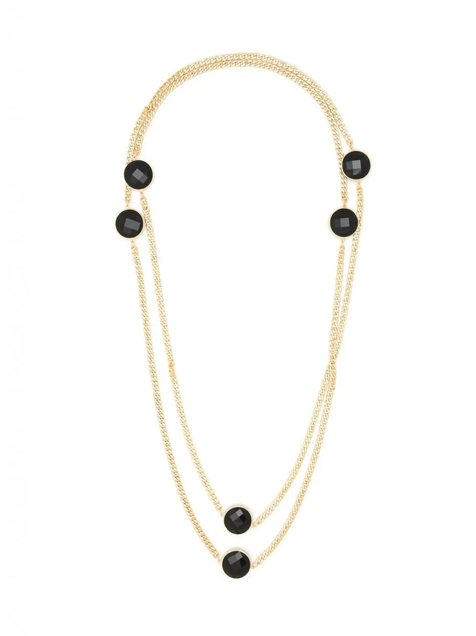 Sparkling Long Gold Necklace with Black Accents