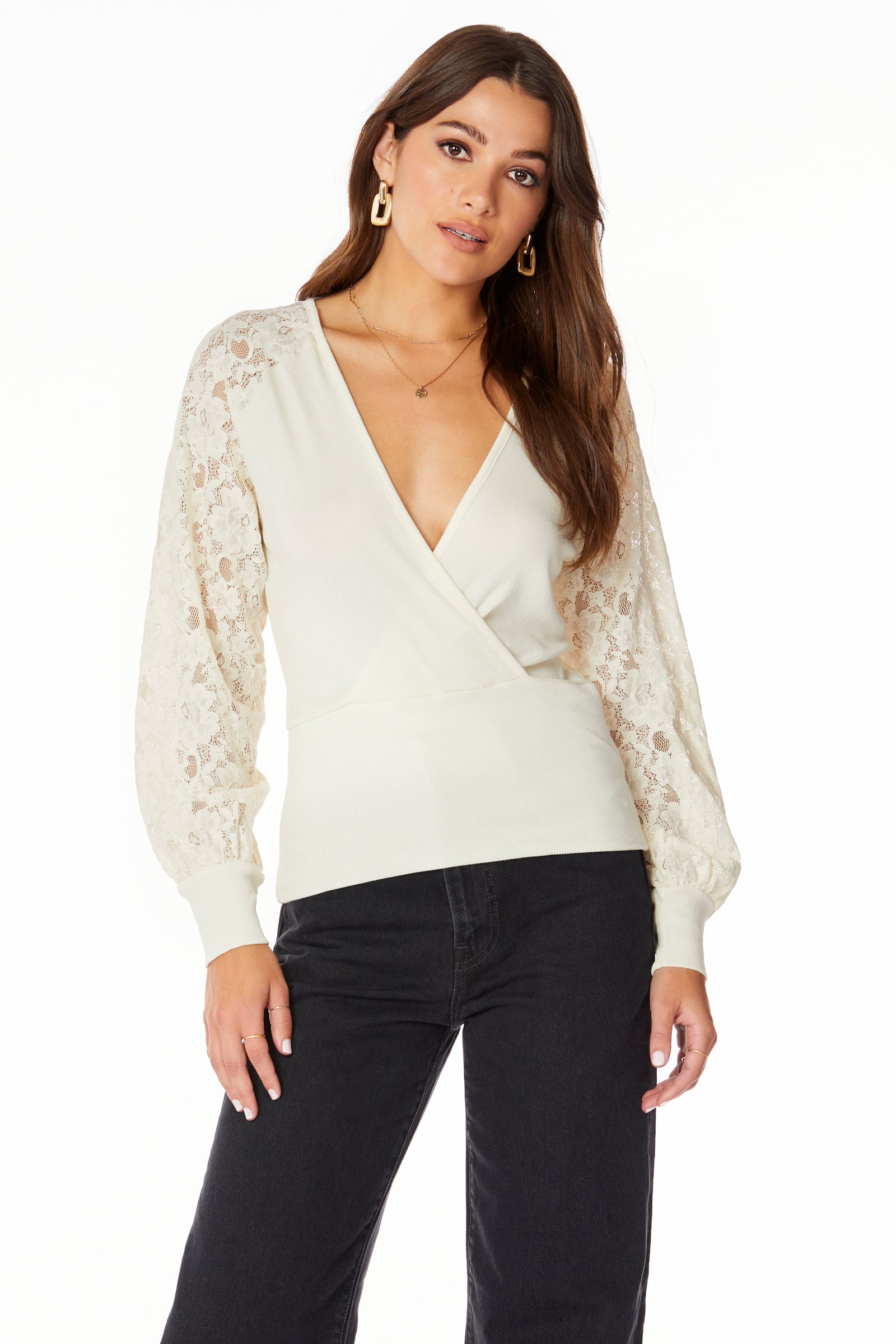 SURPLICE TOP WITH LACE SLEEVES