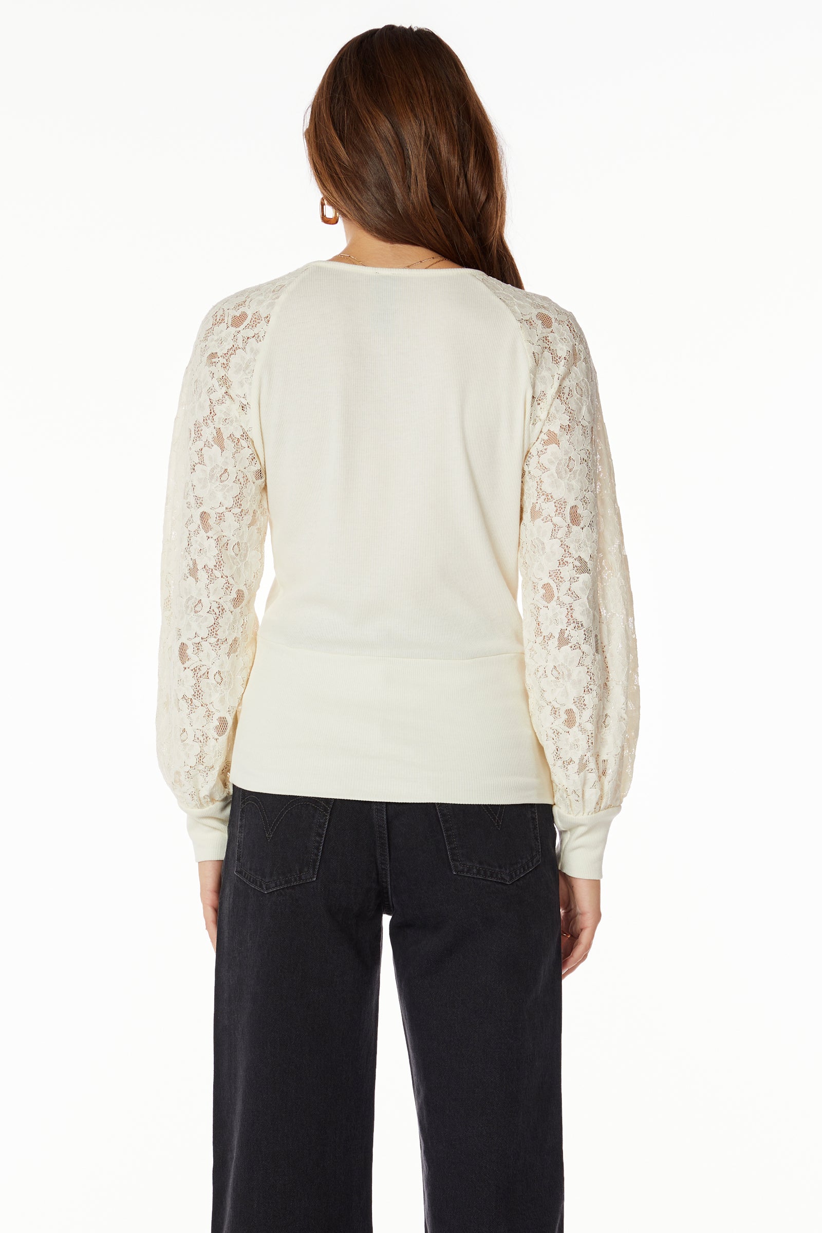 SURPLICE TOP WITH LACE SLEEVES