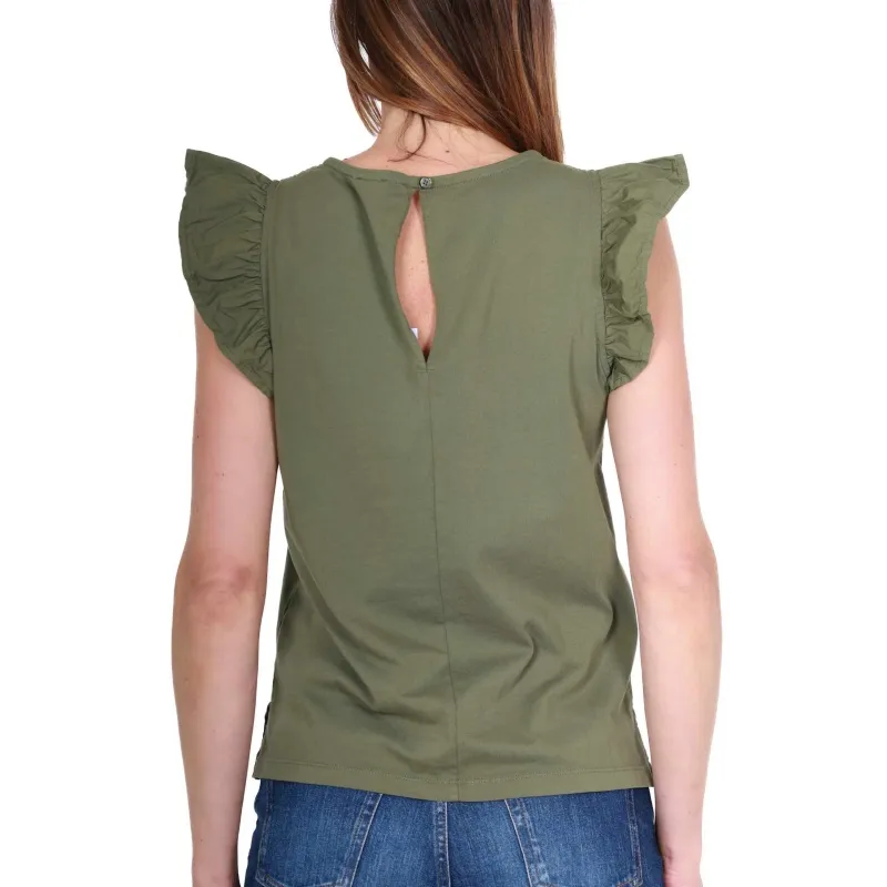 T-SHIRT DONNA GIROCOLLO IN JERSEY E POPELINE, VERDE