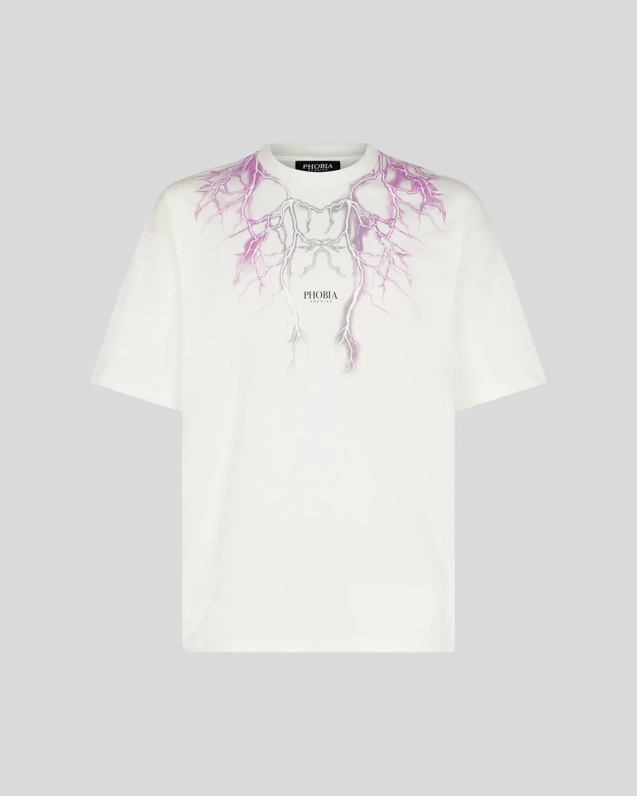 T-shirt PHOBIA bianca stampa fulmini viola e grigi