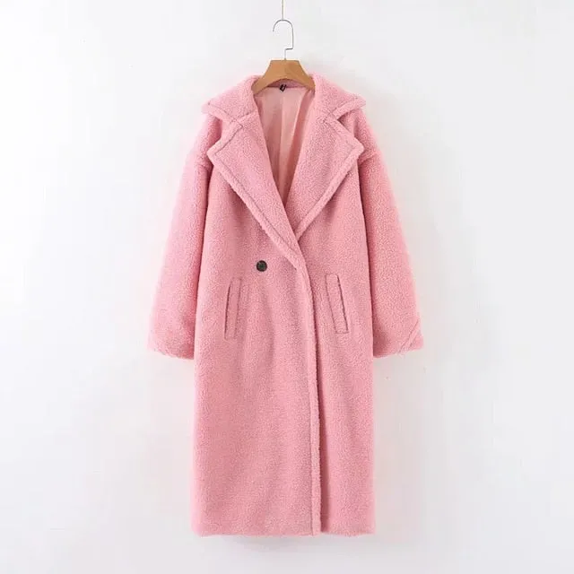 Teddy jacket faux fur coat long red white pink fur coat female vintage fur collar winter coat women elegant shaggy fur coats