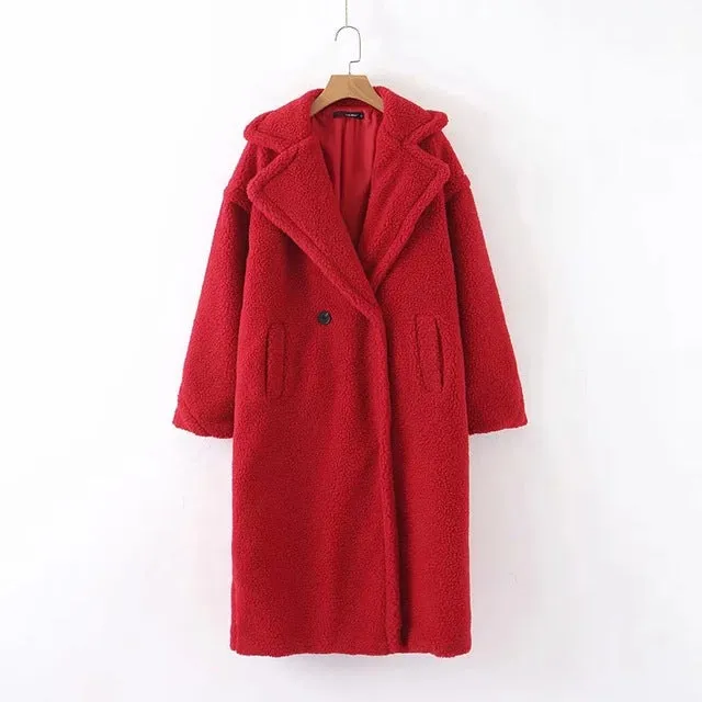 Teddy jacket faux fur coat long red white pink fur coat female vintage fur collar winter coat women elegant shaggy fur coats