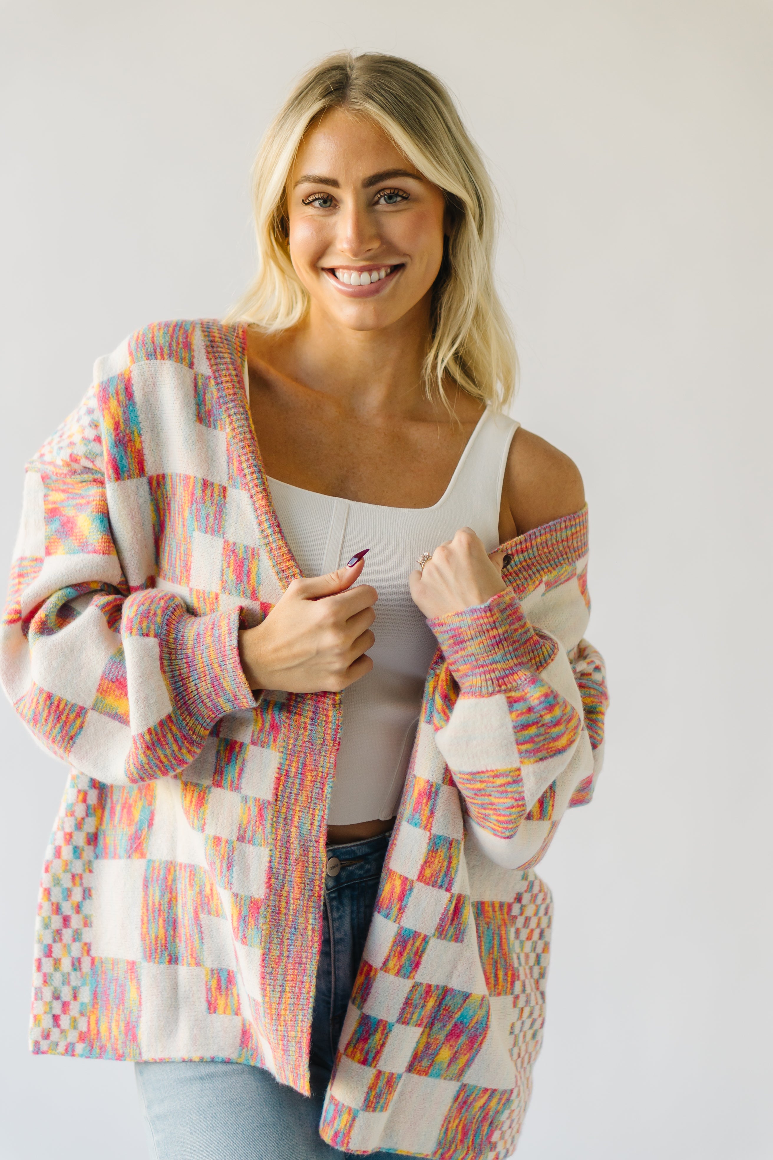 The Off the Wall Checkered Cardigan in Rainbow Multi