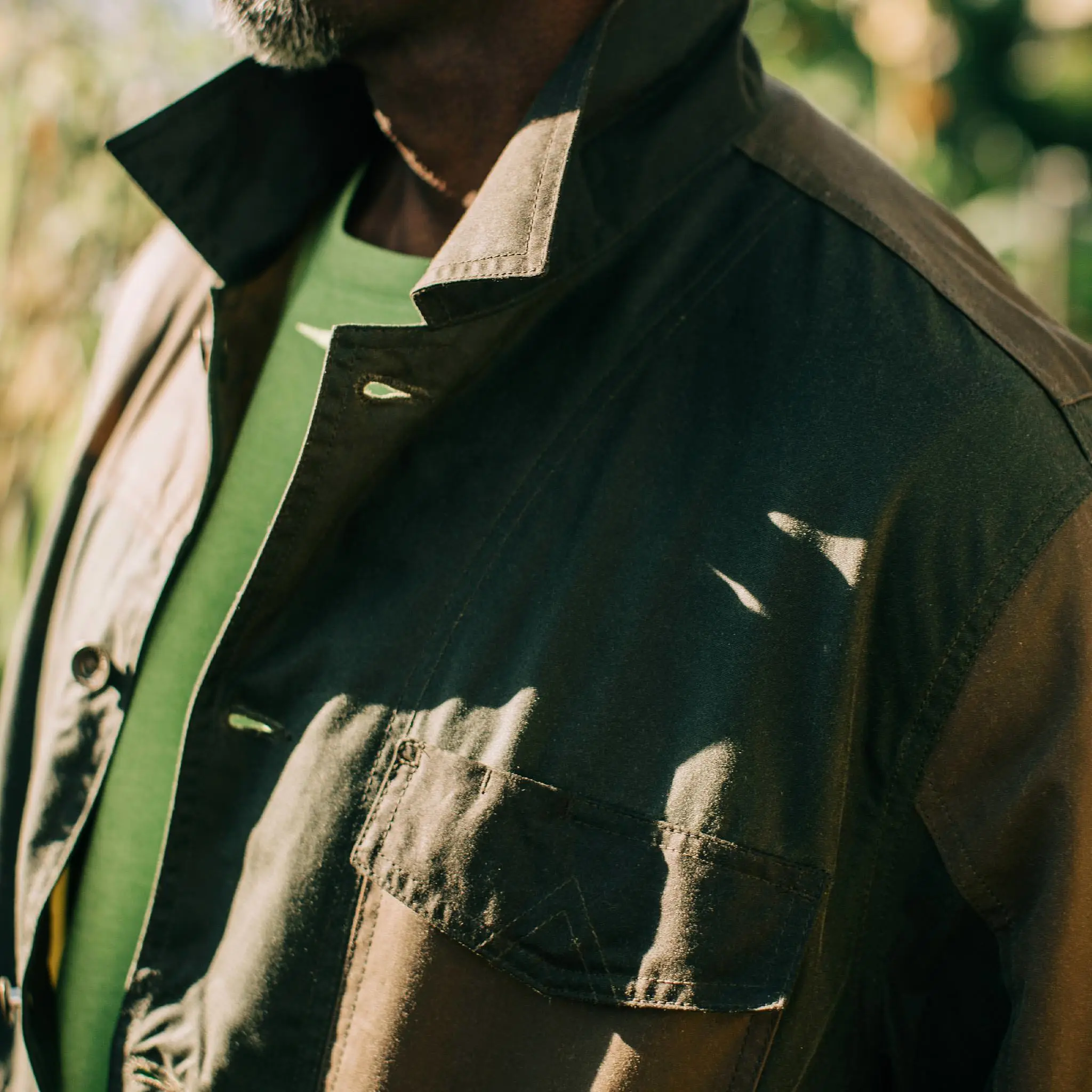 The Task Jacket in Waxed Khaki and Olive Patchwork