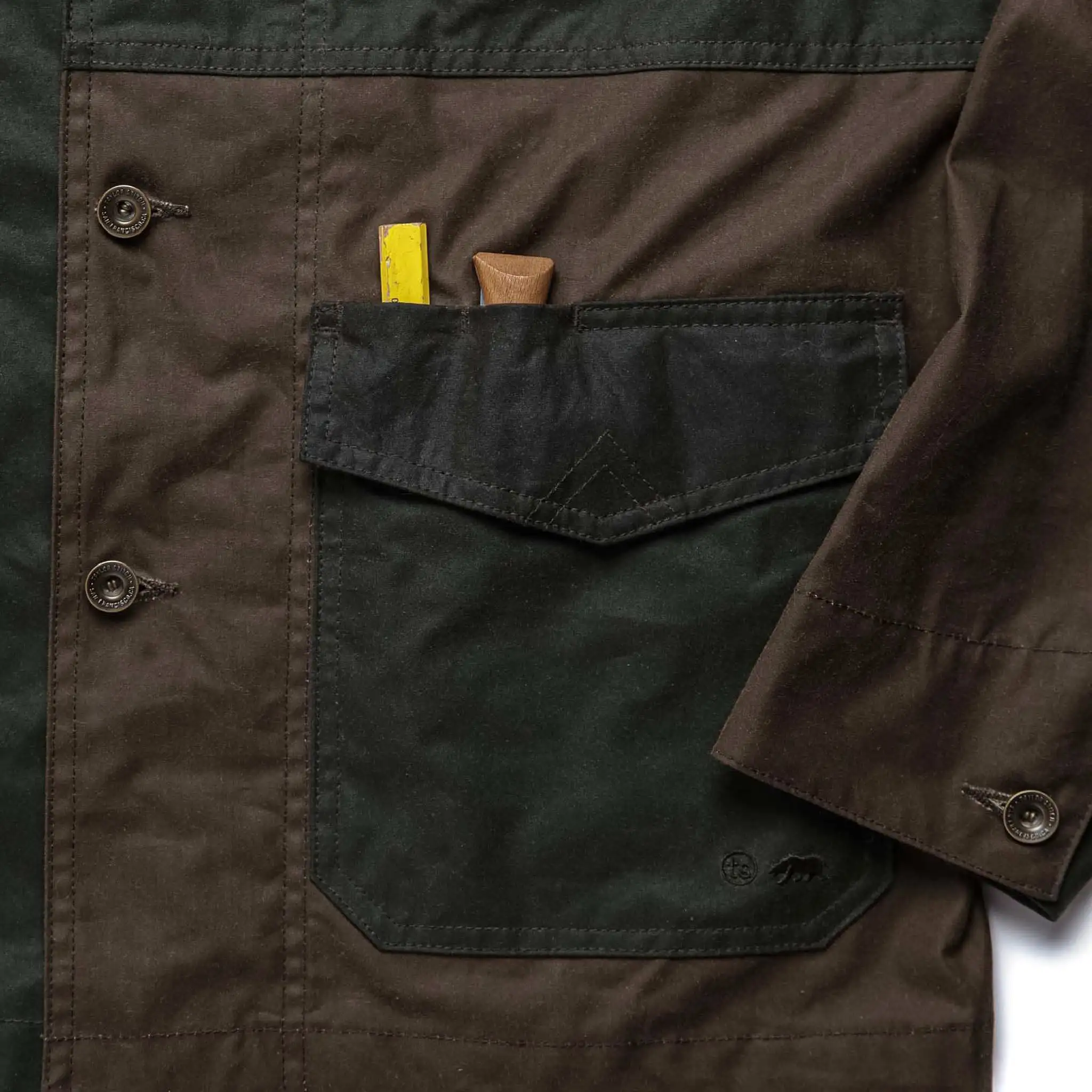 The Task Jacket in Waxed Khaki and Olive Patchwork