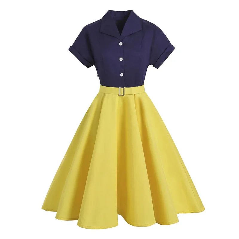 Turn-Down Collar Buttons Two Tone Elegant Patchwork Cotton Dress 50s Vintage Women Short Sleeve Swing Dresses with Belt