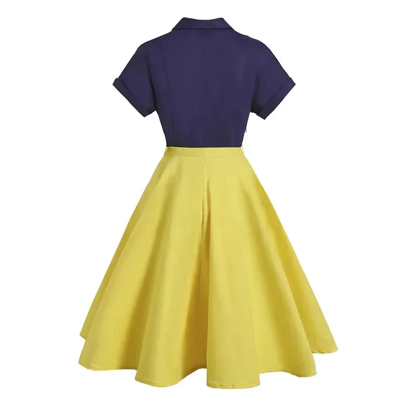 Turn-Down Collar Buttons Two Tone Elegant Patchwork Cotton Dress 50s Vintage Women Short Sleeve Swing Dresses with Belt