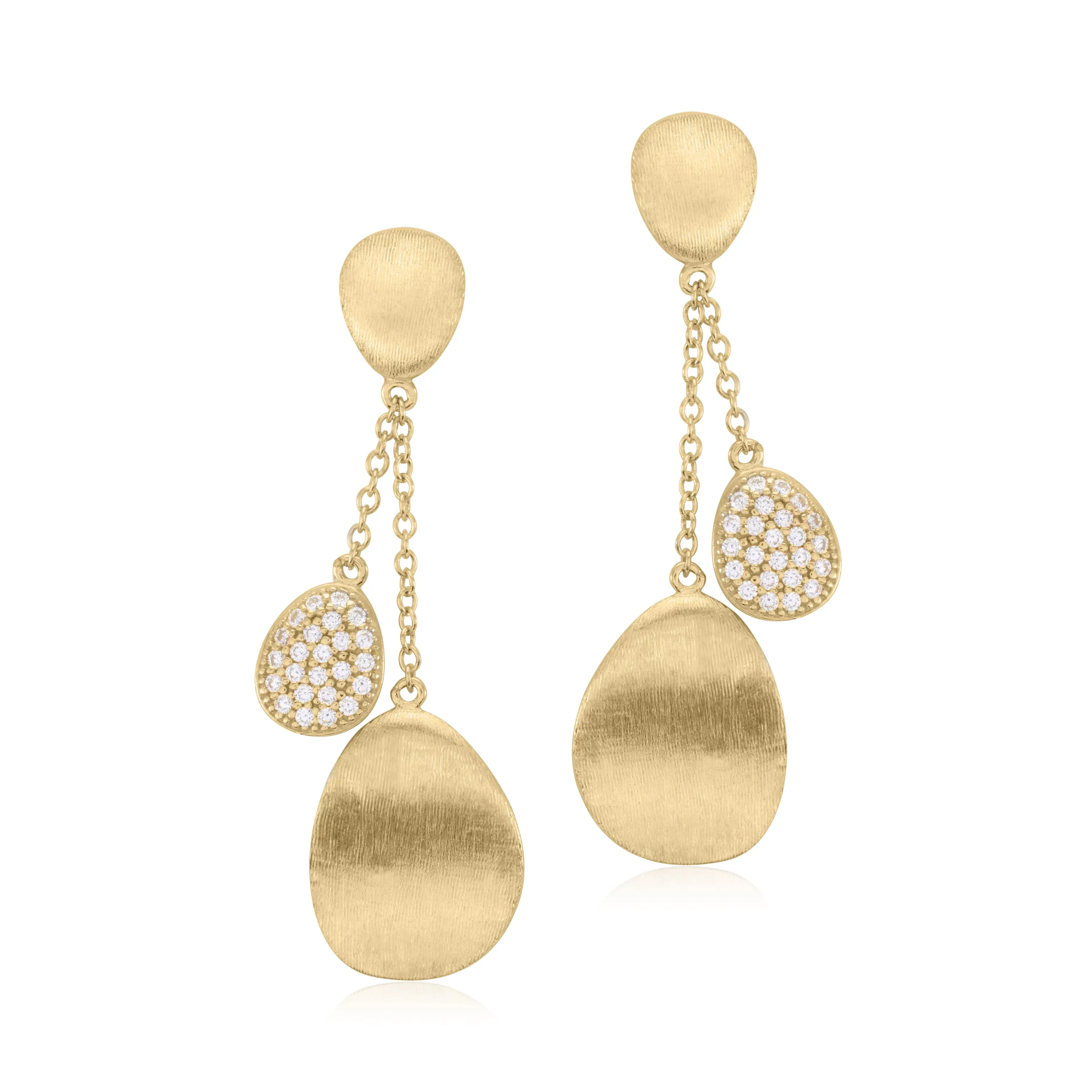 UNICORNJ 14K Yellow Gold Brushed Long Double Dangle Drop Curved Teardrop Earrings with CZ's Italy