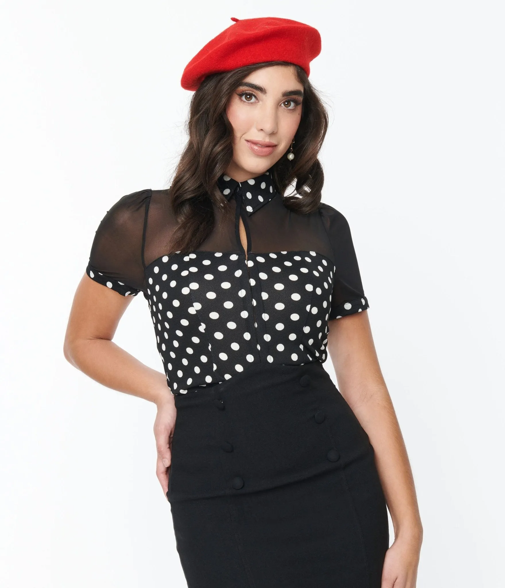 Unique Vintage Black & White Polka Dot Mesh Sweetheart Top