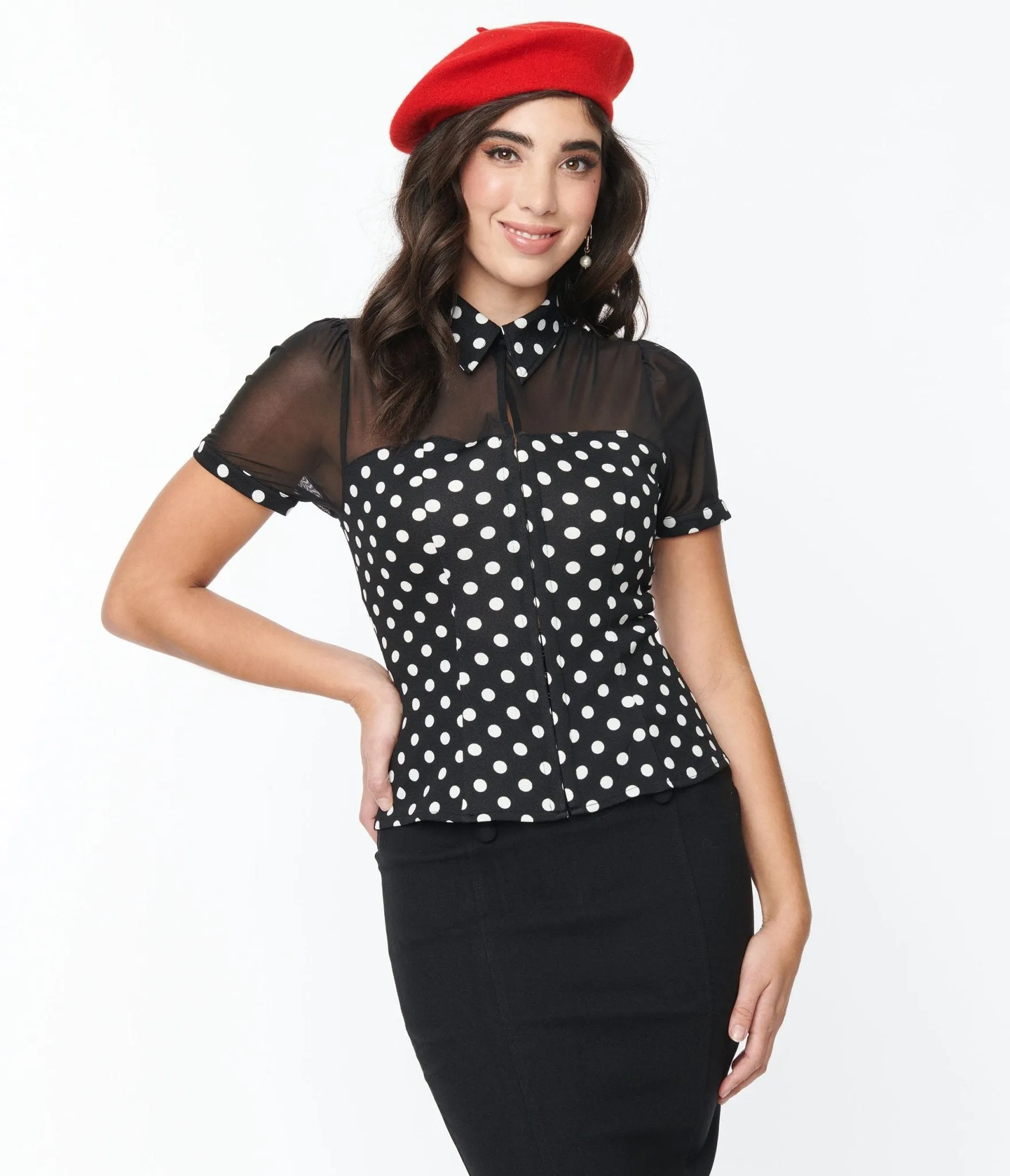 Unique Vintage Black & White Polka Dot Mesh Sweetheart Top