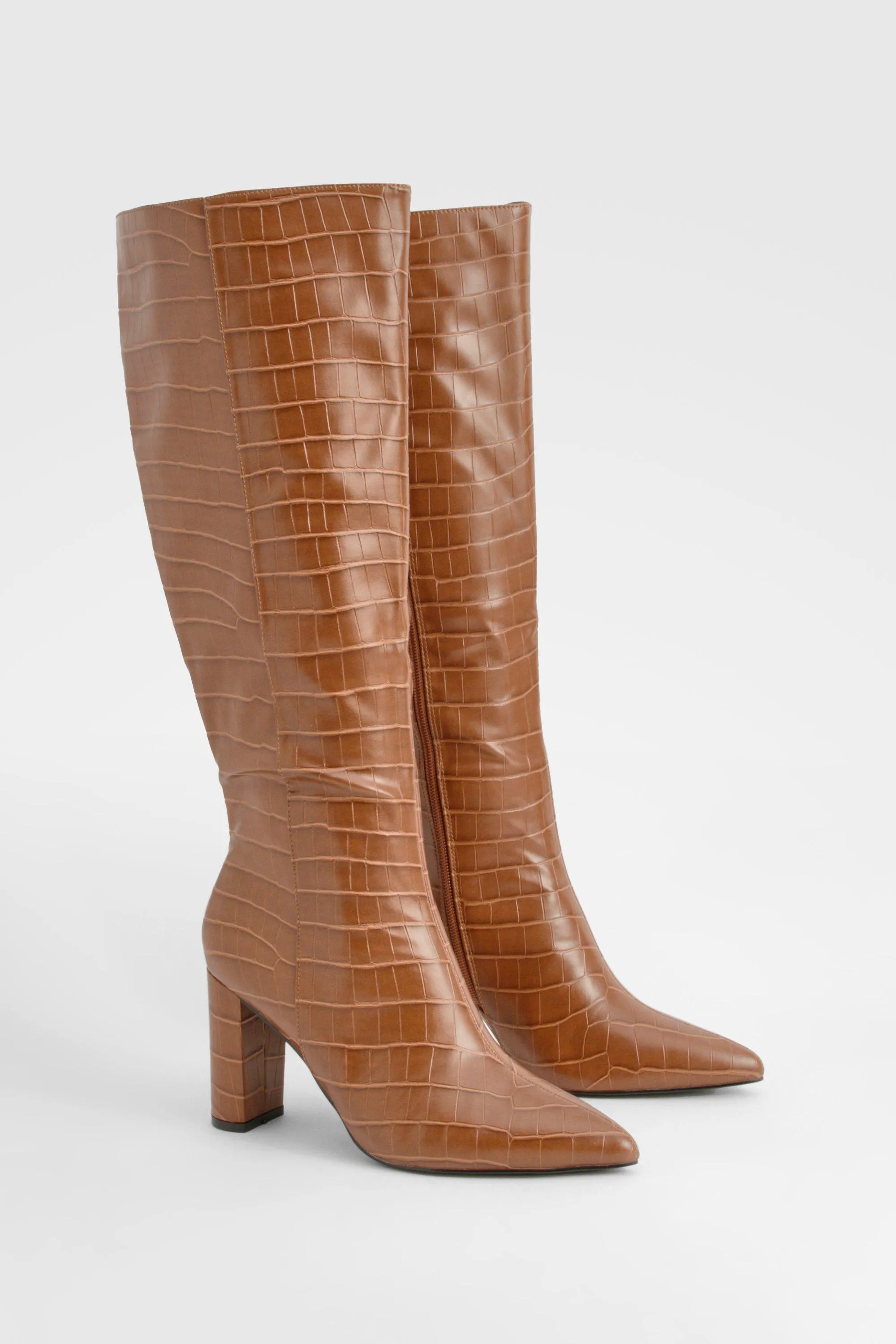 Wide Fit Croc Pointed Knee High Heeled Boots