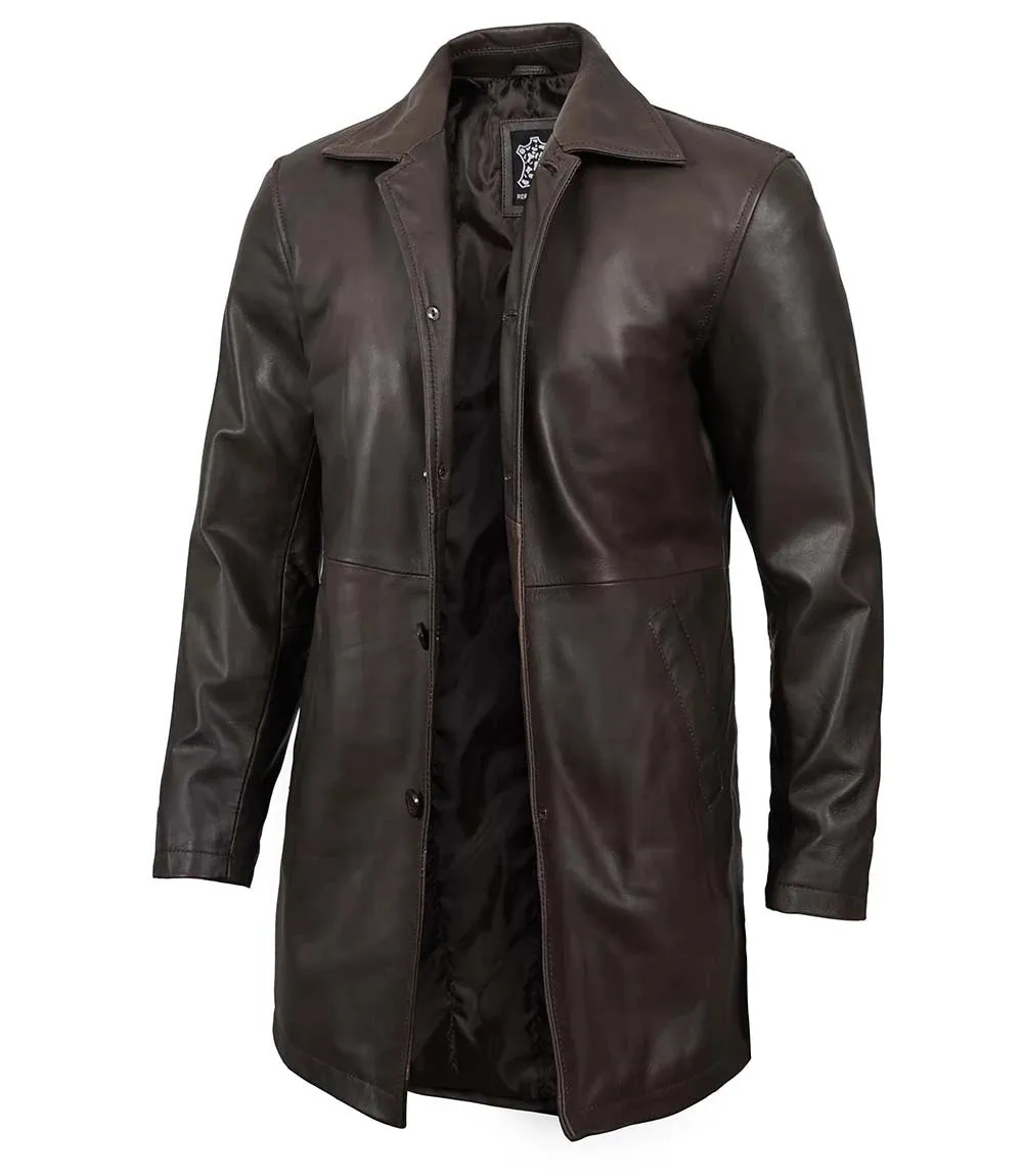 Winchester Men's Tall Distressed Dark Brown Leather Car Coat