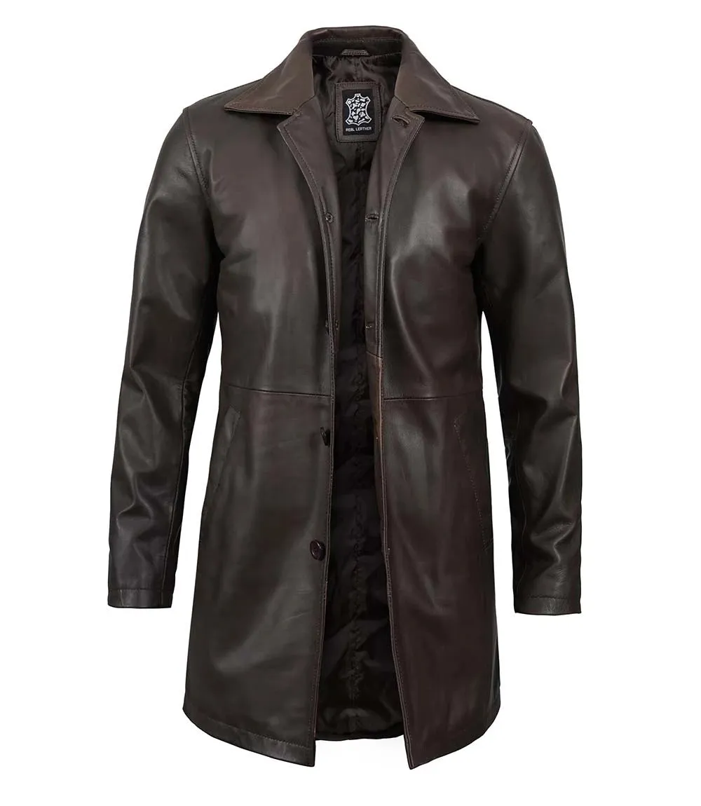 Winchester Men's Tall Distressed Dark Brown Leather Car Coat