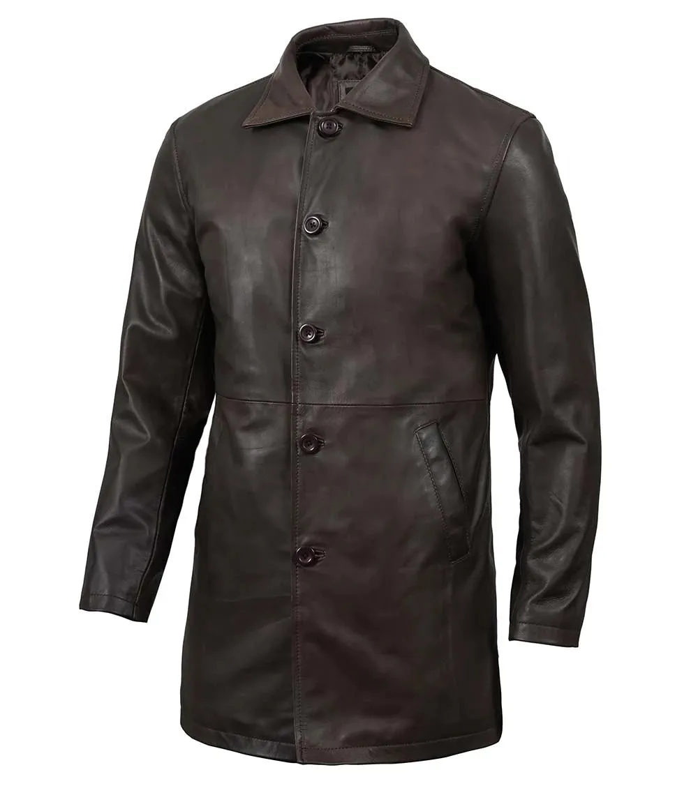 Winchester Men's Tall Distressed Dark Brown Leather Car Coat