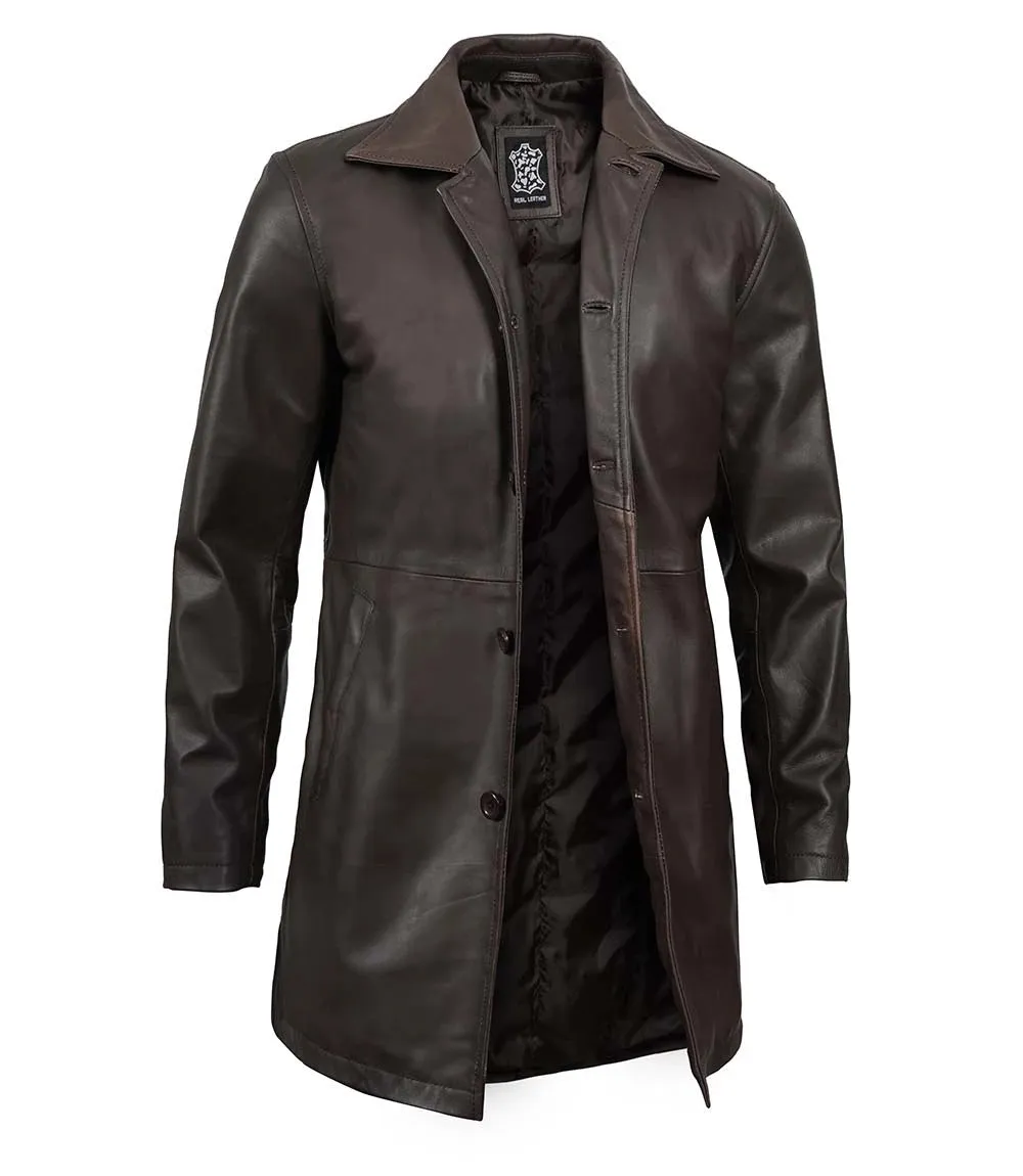 Winchester Men's Tall Distressed Dark Brown Leather Car Coat