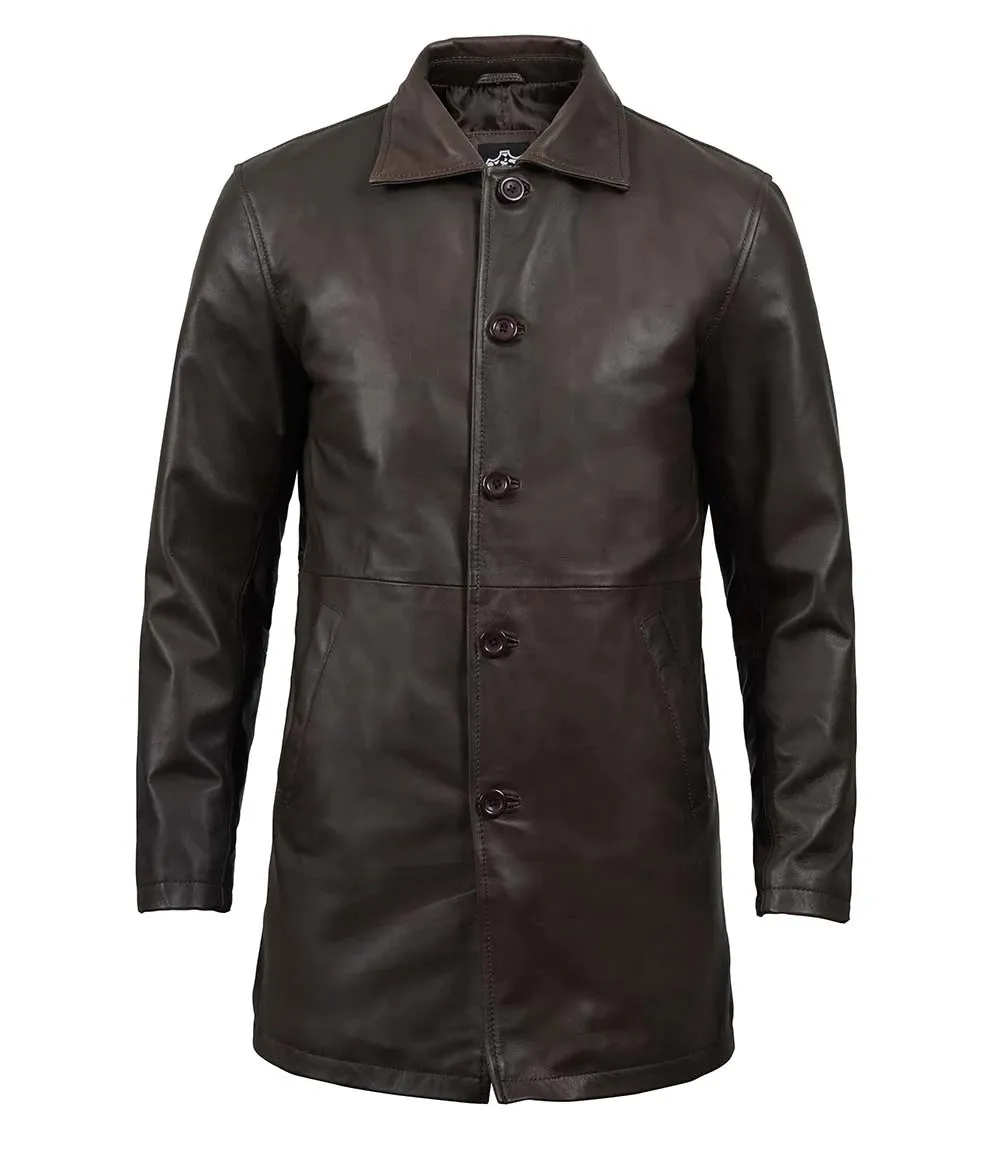 Winchester Men's Tall Distressed Dark Brown Leather Car Coat