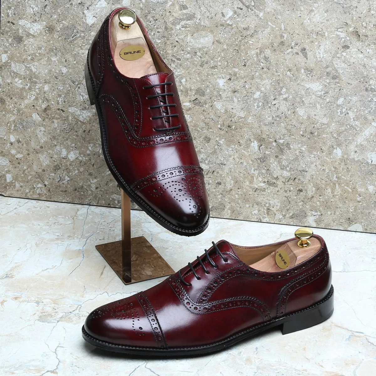 Wine Full Brogue Cap Toe Leather Oxfords by BRUNE