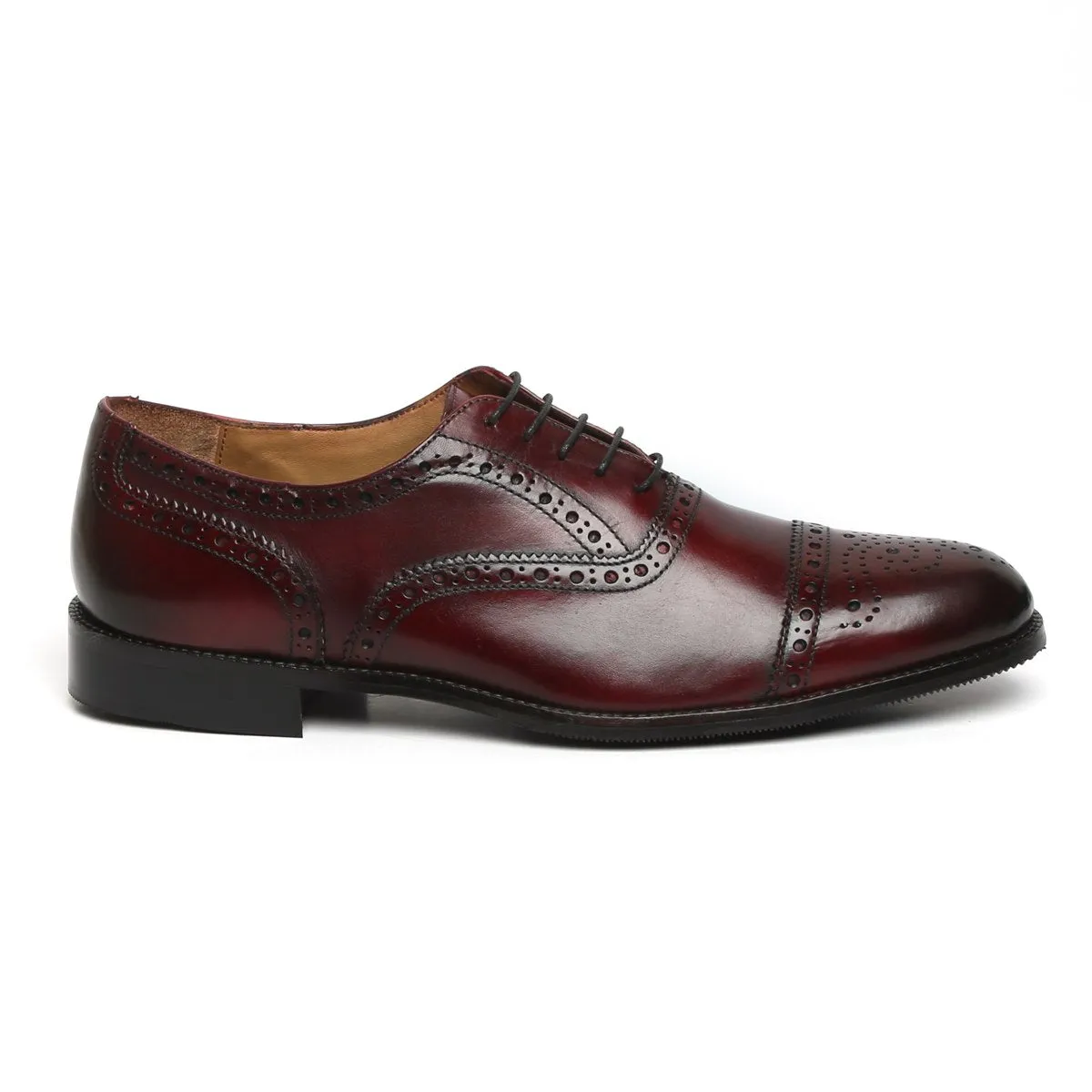 Wine Full Brogue Cap Toe Leather Oxfords by BRUNE