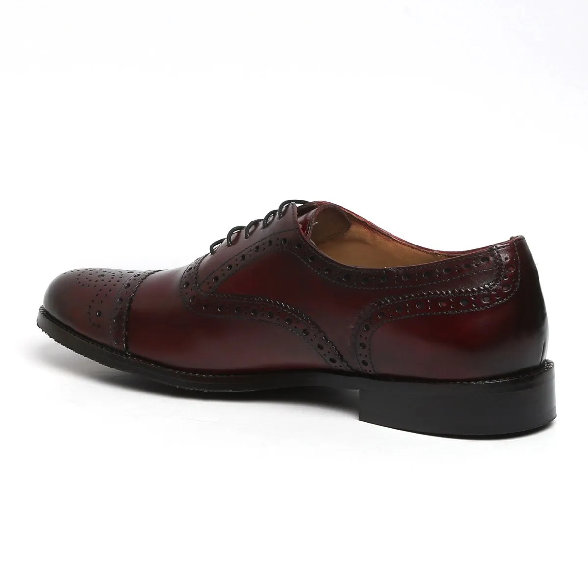 Wine Full Brogue Cap Toe Leather Oxfords by BRUNE