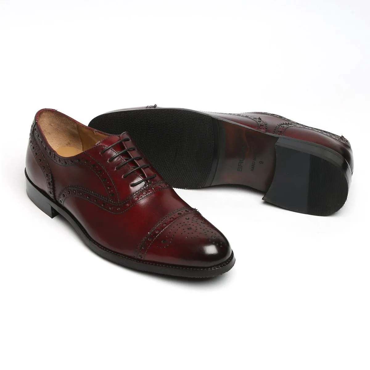 Wine Full Brogue Cap Toe Leather Oxfords by BRUNE