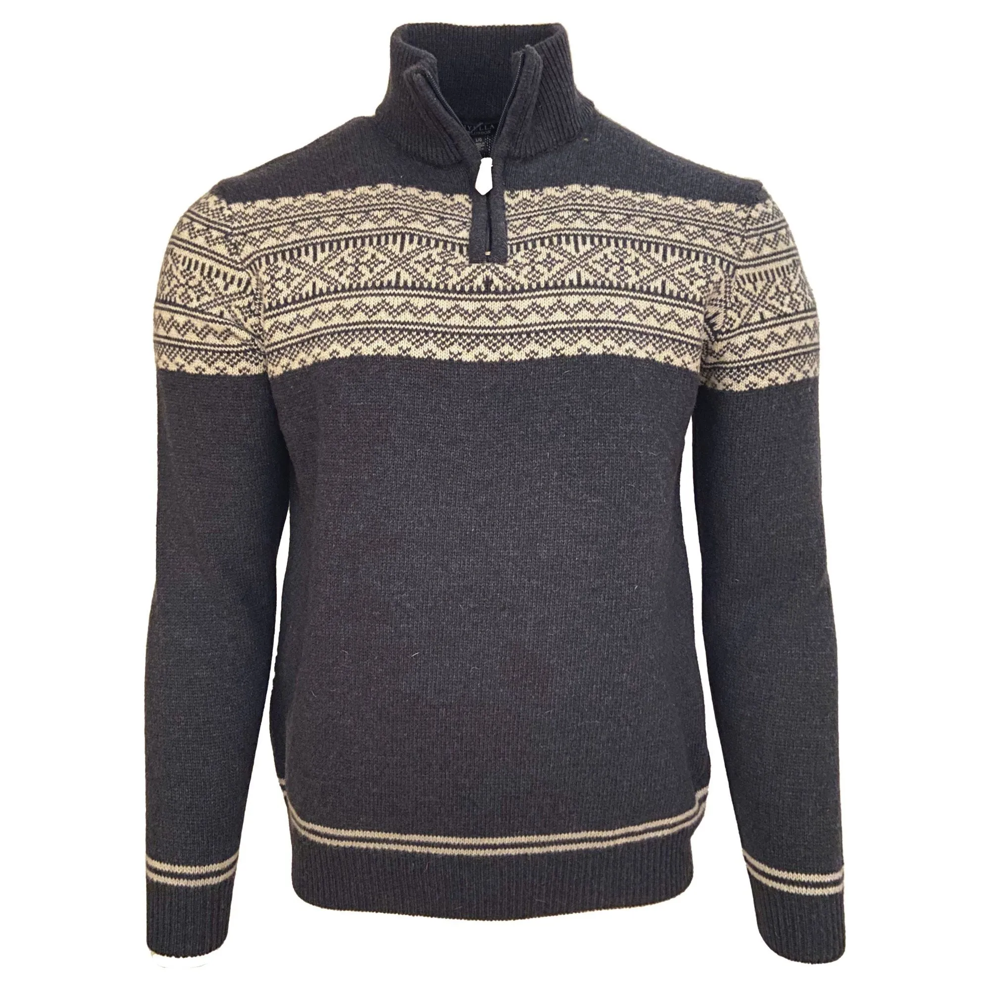 Winter Intarsia Knit Wool Blend Quarter-Zip Sweater in Steel Blue by Viyella