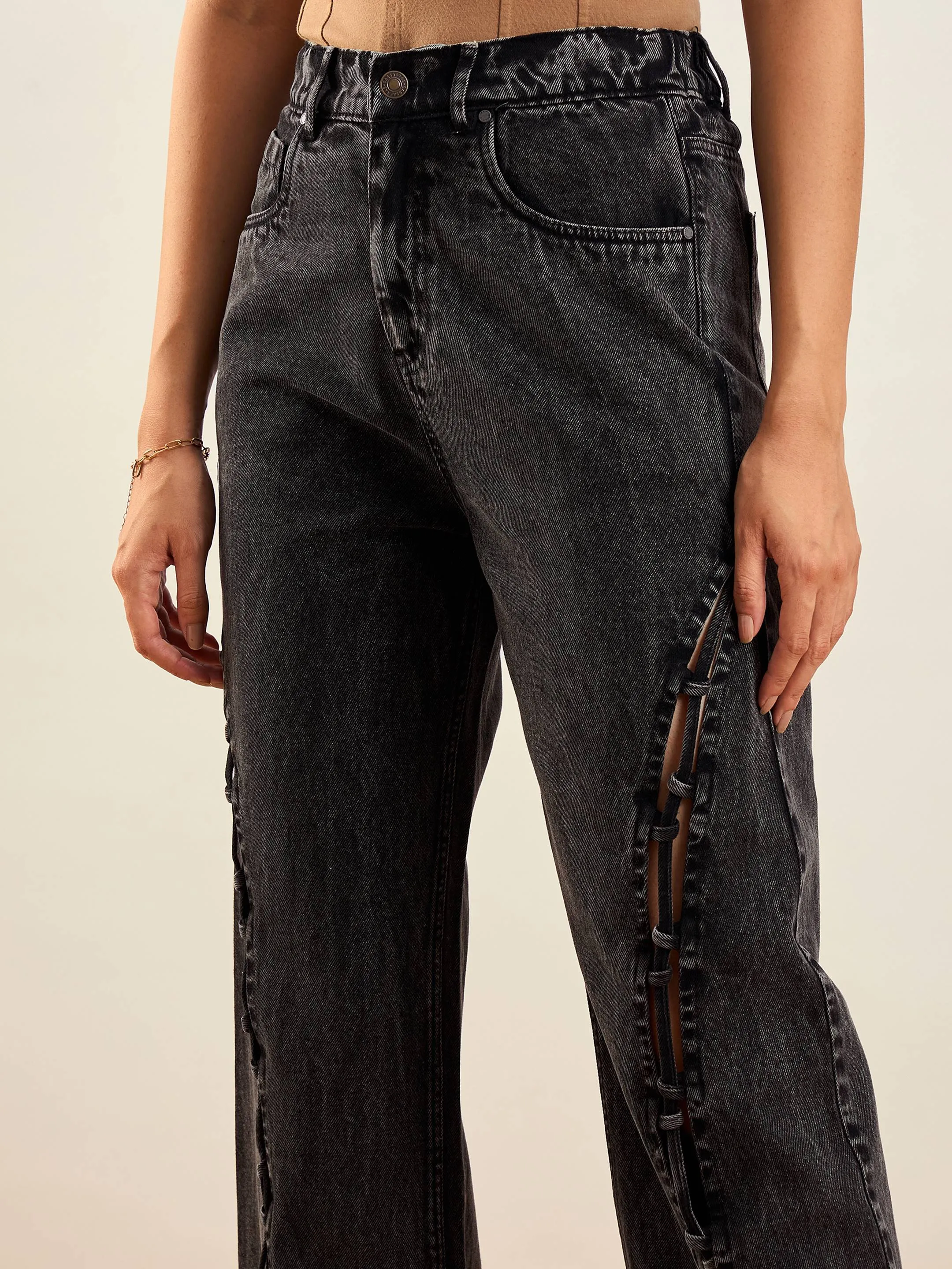 Women Black Washed Dori Insert Detail Straight Fit Jeans