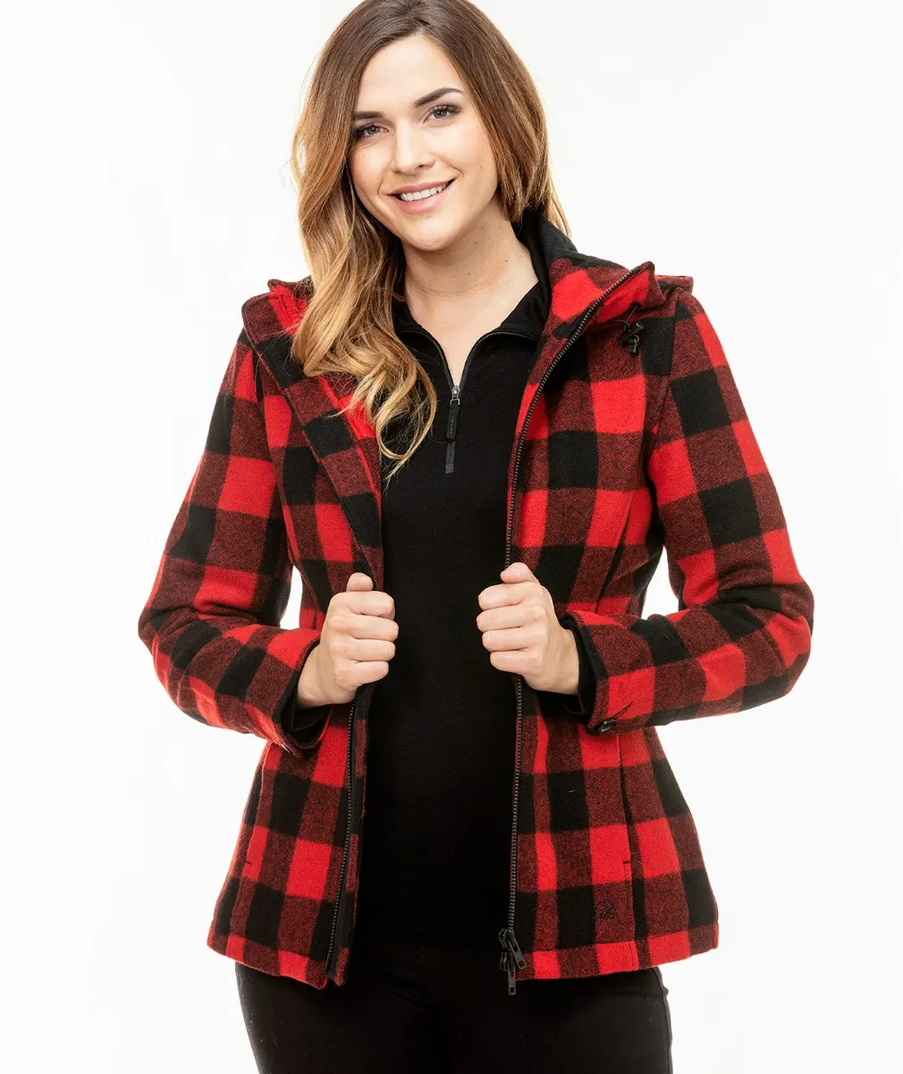 Women's Seattle Wool Hoody in Red/Black Check - Swanndri NZ