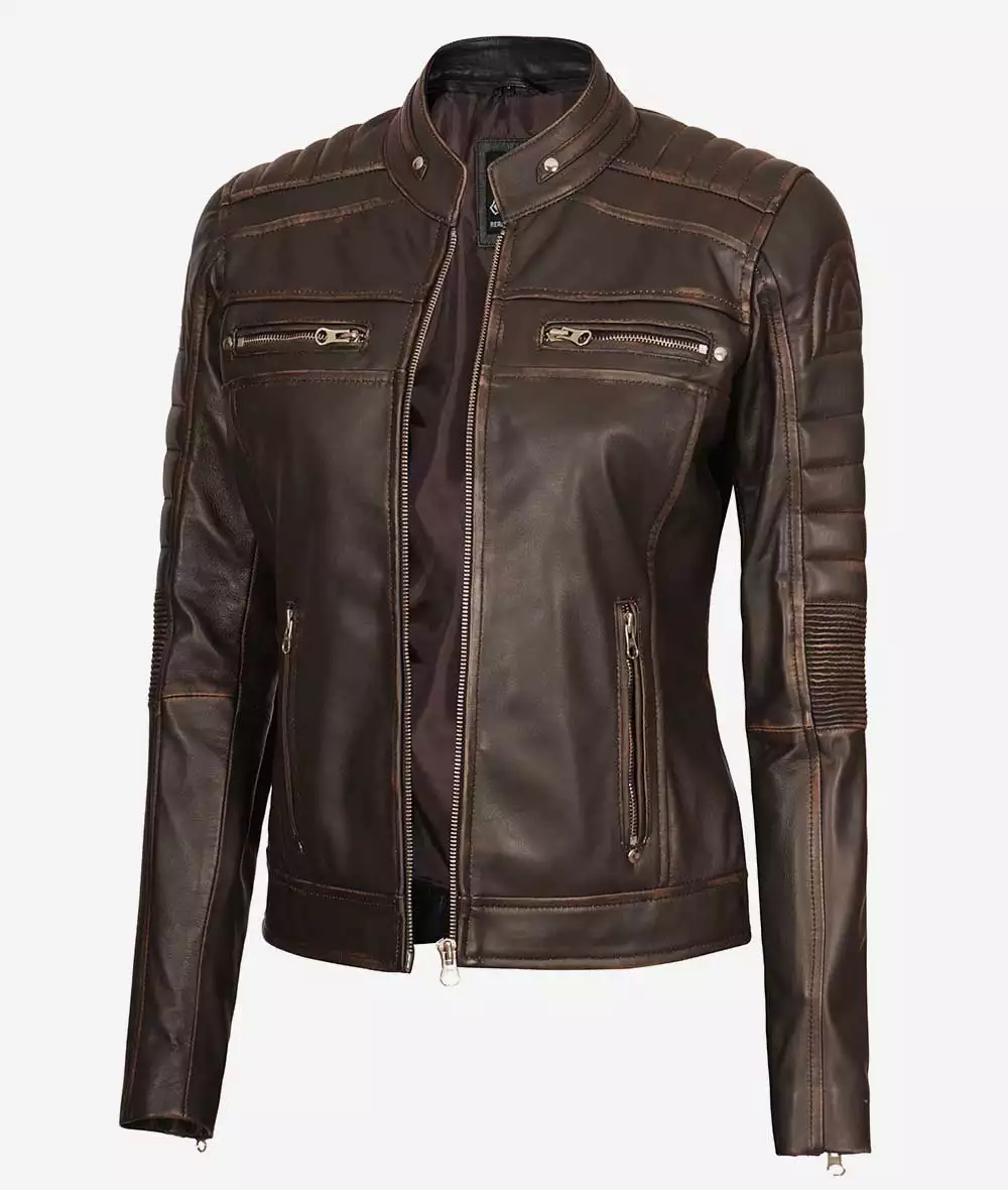 Womens Distressed Brown Motorcycle Leather Jacket