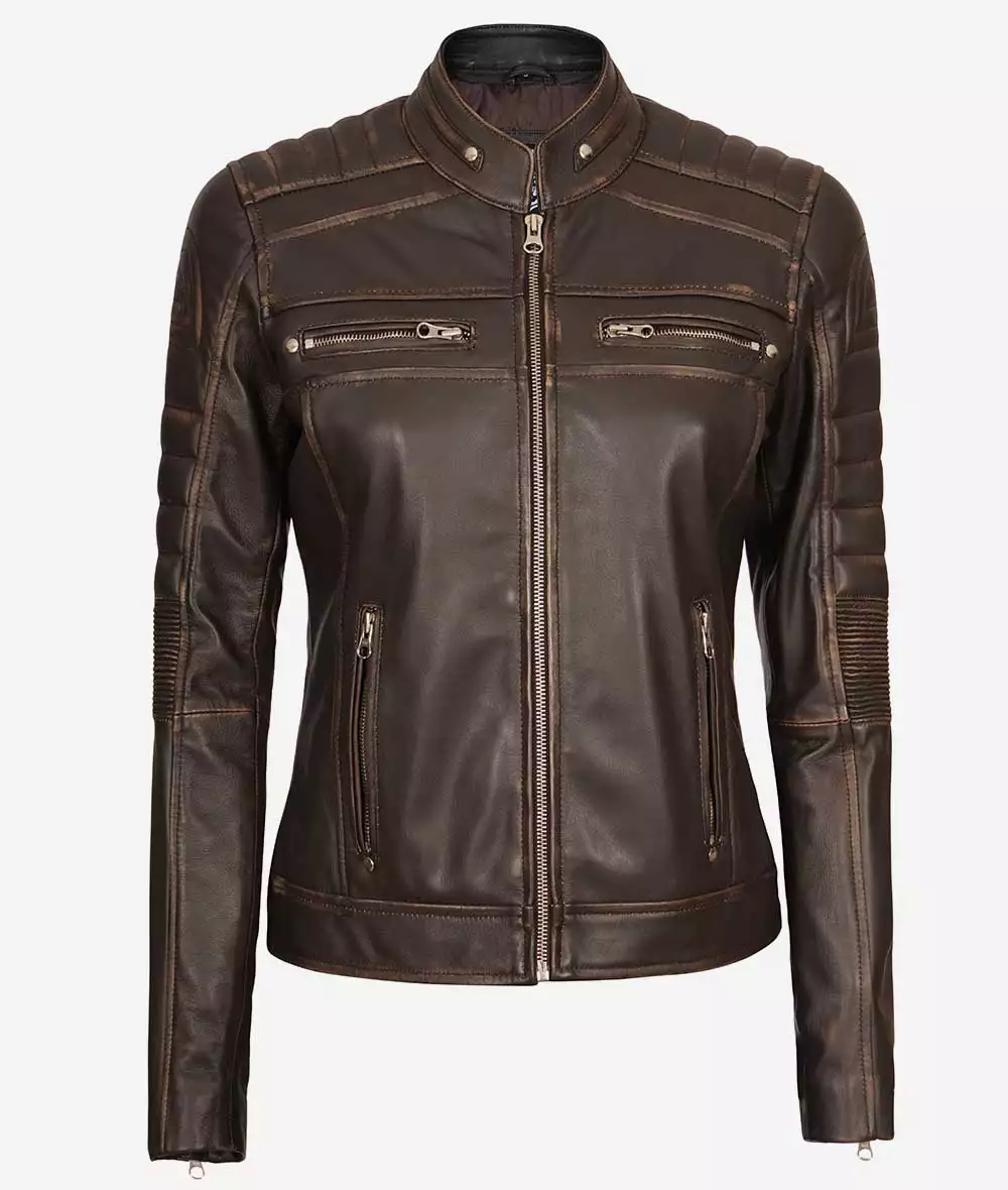 Womens Distressed Brown Motorcycle Leather Jacket