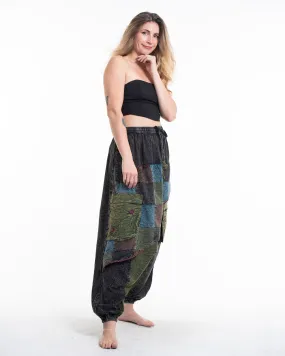 Women's Patchwork Stone Washed Low Cut Cotton Pants in Black 02