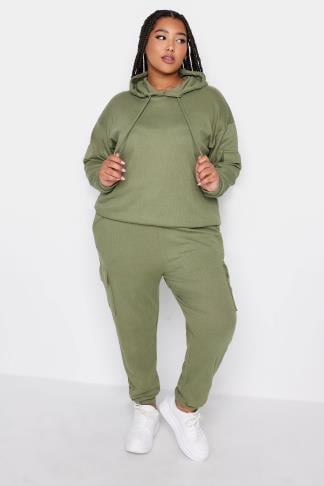 YOURS Curve Khaki Green Ribbed Cargo Hoodie