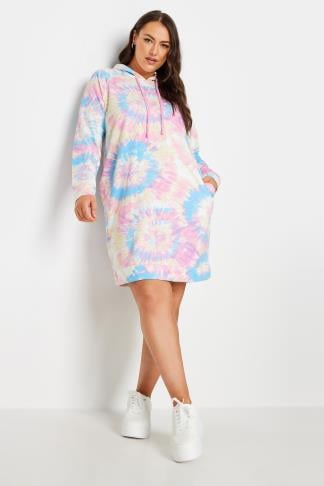 YOURS Curve Pink Tie Dye Hoodie Dress